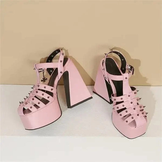 BUSY GIRL SL4935 pink white rivet women sandals chaussures pour femmes gothic shoes thick heels for ladies platform sandals