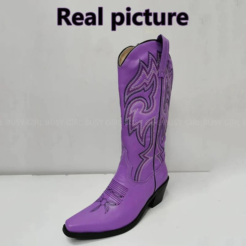 BUSY GIRL XDY4298 Cowboy Boots Wine Red Embroidery Knee High Western Boot Heels For Ladies Pointed Toe Cowgirl Boots for women