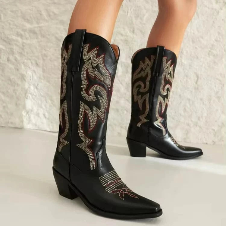 BUSY GIRL XDY4298 Cowboy Boots Wine Red Embroidery Knee High Western Boot Heels For Ladies Pointed Toe Cowgirl Boots for women