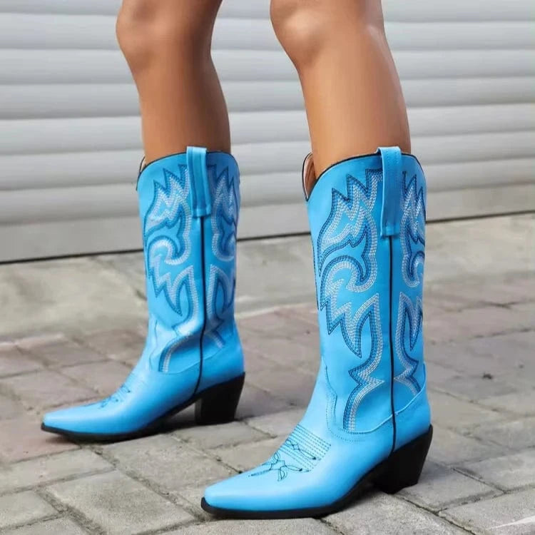 BUSY GIRL XDY4298 Cowboy Boots Wine Red Embroidery Knee High Western Boot Heels For Ladies Pointed Toe Cowgirl Boots for women