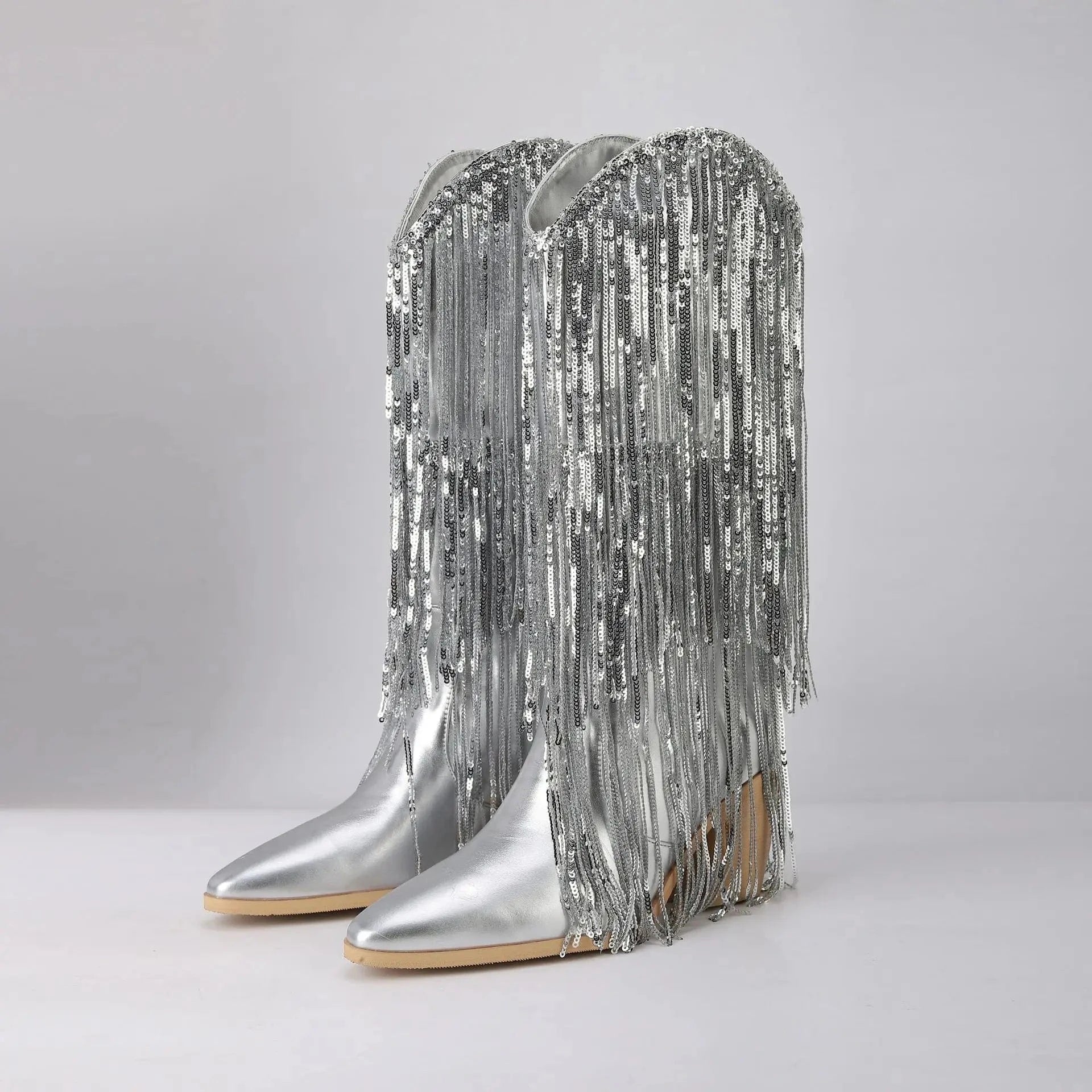 BUSY GIRL XJ4942 women's winter boots ladies shoes trending hot pink sliver botas de mujer sequin tassel cowboy boots