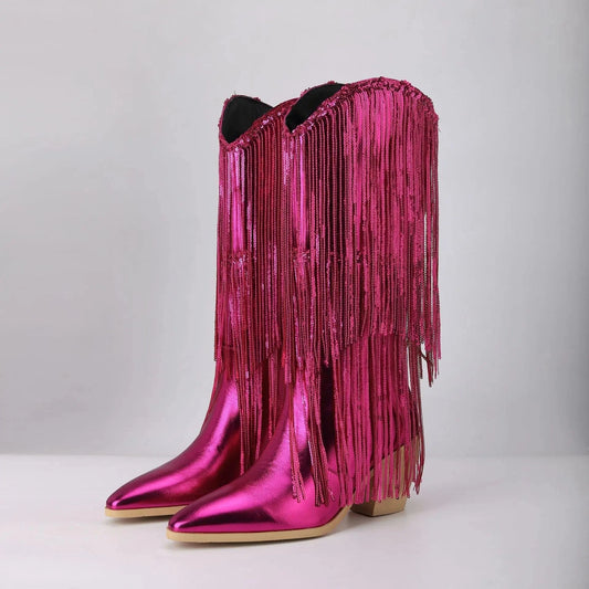 BUSY GIRL XJ4942 women's winter boots ladies shoes trending hot pink sliver botas de mujer sequin tassel cowboy boots