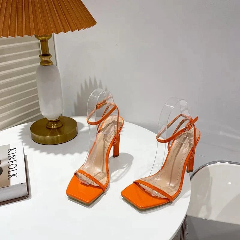 BUSY GIRL XSD3416 Women's square toe block heel heels shallow buckle plastic single shoe lace-up splicing heeled sandals