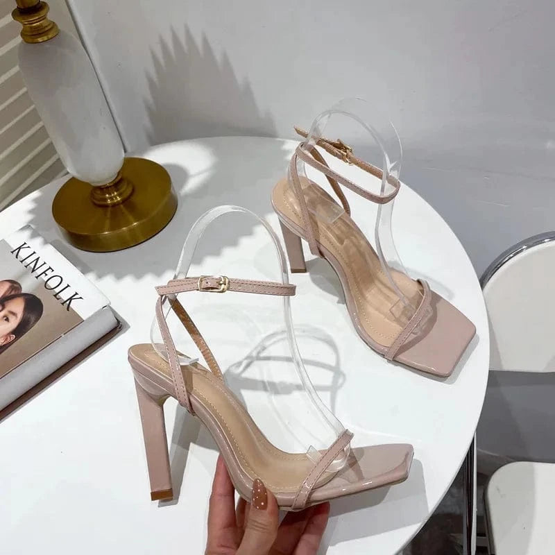 BUSY GIRL XSD3416 Women's square toe block heel heels shallow buckle plastic single shoe lace-up splicing heeled sandals