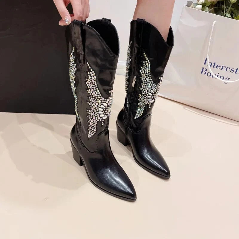 BUSY GIRL XSD4851 AB Rhinestone Butterfly Boots For Women Knee High Boots Block Heels Fashion Party Music Festival Cowboy Boots