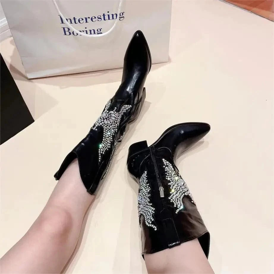 BUSY GIRL XSD4851 AB Rhinestone Butterfly Boots For Women Knee High Boots Block Heels Fashion Party Music Festival Cowboy Boots