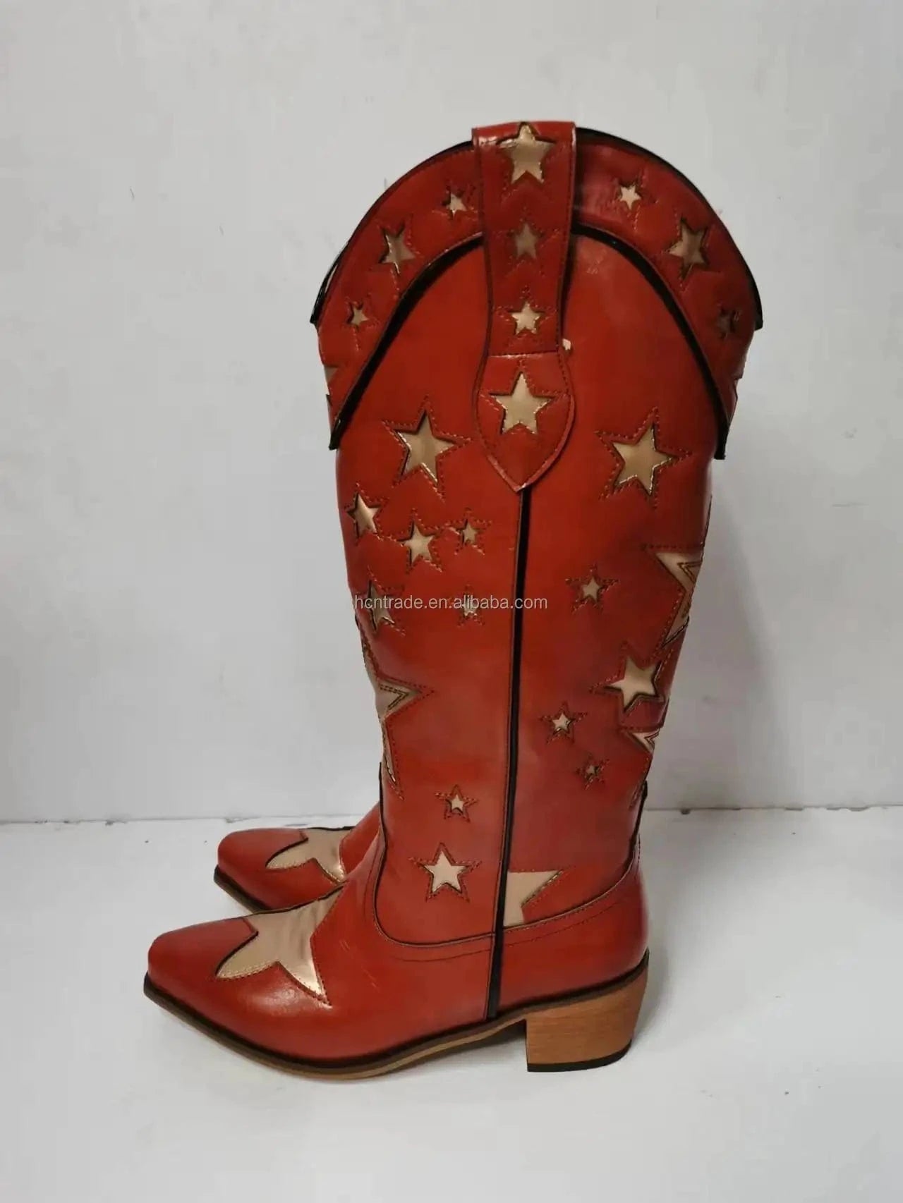 BUSY GIRL XY4068 Cowboy Boots Women Black Leather White Star Ladies heels Botas Shoes Slip On Rider Boots Knee High Boots