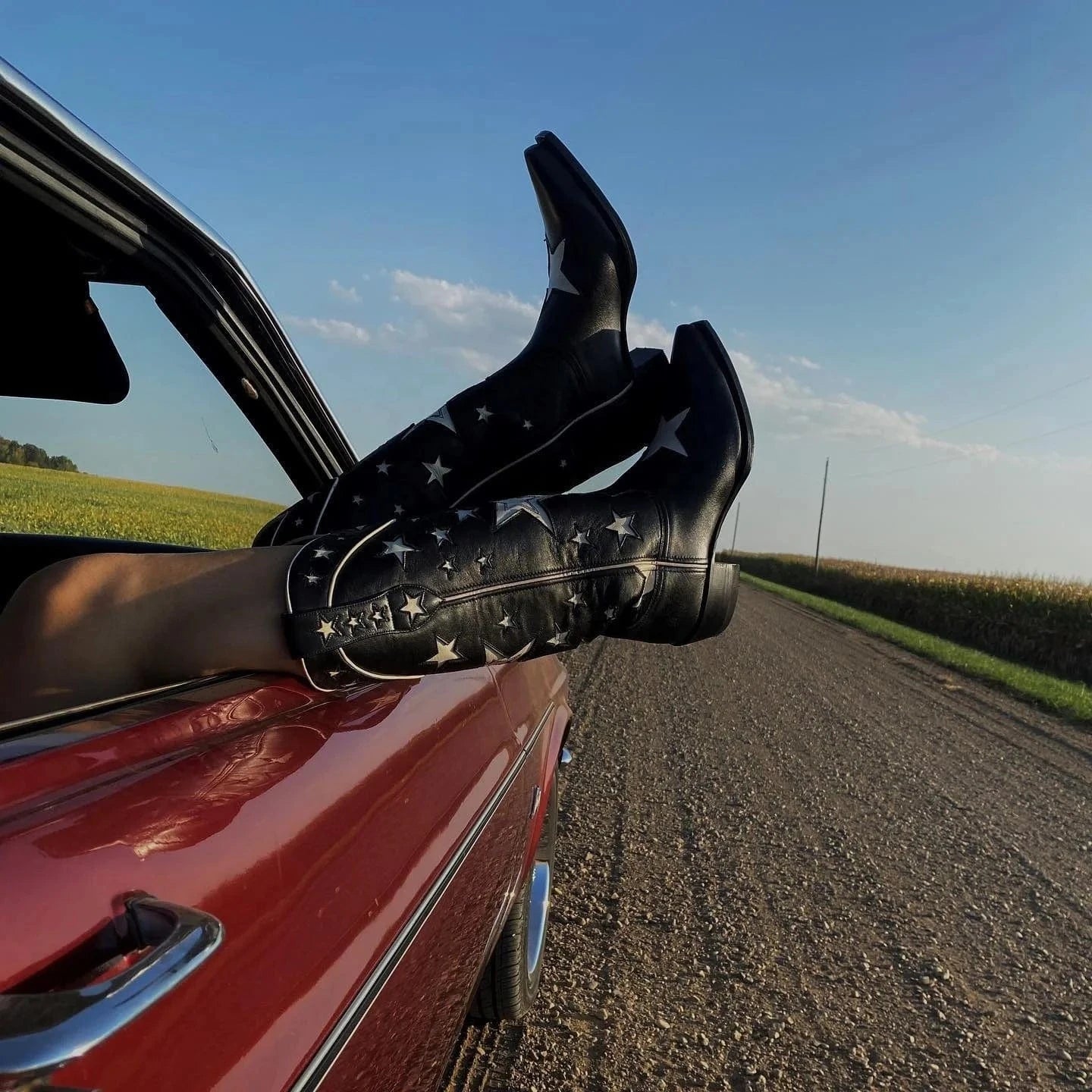 BUSY GIRL XY4068 Cowboy Boots Women Black Leather White Star Ladies heels Botas Shoes Slip On Rider Boots Knee High Boots