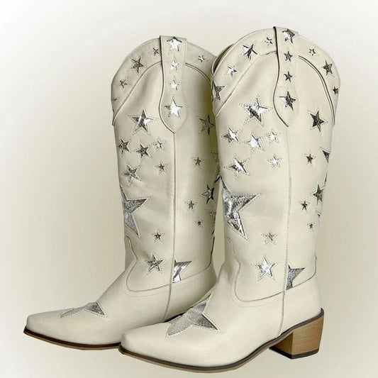 BUSY GIRL XY4068 Cowboy Boots Women Black Leather White Star Ladies heels Botas Shoes Slip On Rider Boots Knee High Boots