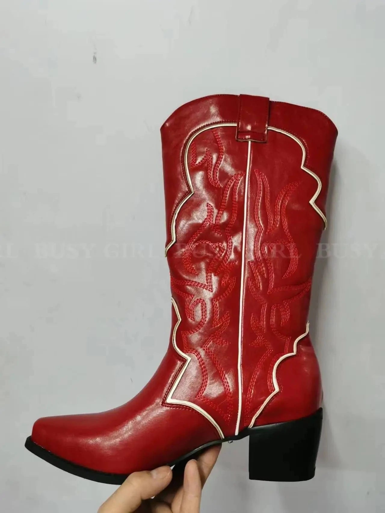 BUSY GIRL XY4776 Red Knee High Boots For Women 5cm Low Heels Fashion Women's Shoes Custom Logo Embroidery Cowboy Boots