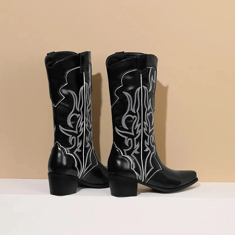 BUSY GIRL XY4776 Red Knee High Boots For Women 5cm Low Heels Fashion Women's Shoes Custom Logo Embroidery Cowboy Boots