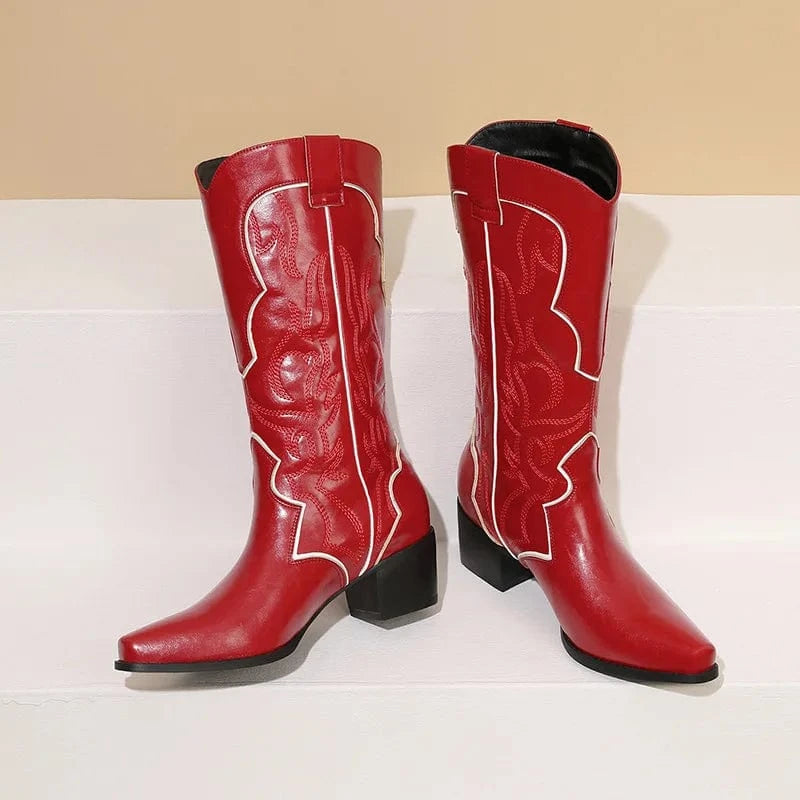 BUSY GIRL XY4776 Red Knee High Boots For Women 5cm Low Heels Fashion Women's Shoes Custom Logo Embroidery Cowboy Boots
