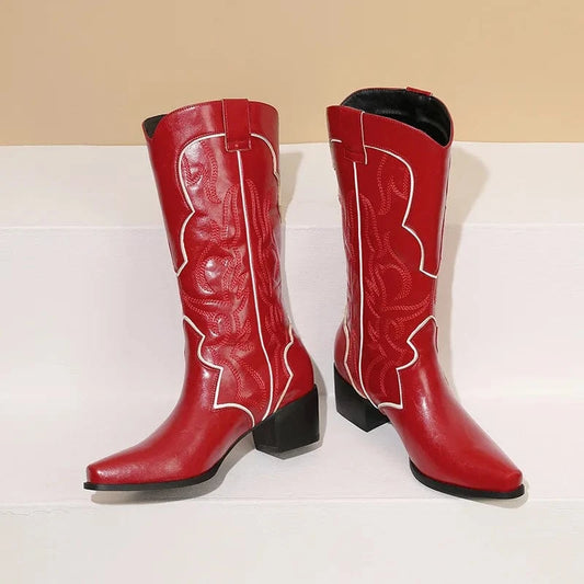 BUSY GIRL XY4776 Red Knee High Boots For Women 5cm Low Heels Fashion Women's Shoes Custom Logo Embroidery Cowboy Boots