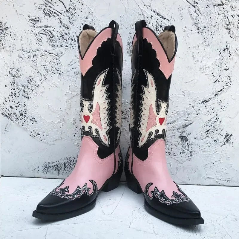 BUSY GIRL XY4780 Pink Boots For Ladies Stitching Embroidered Winter Short Fur 3cm Heels Women Cowgirl Western Cowboy Boots