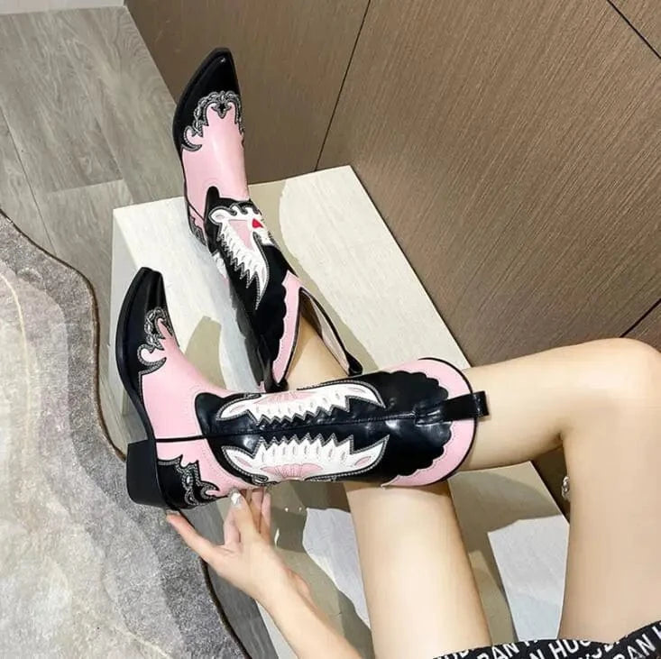 BUSY GIRL XY4780 Pink Boots For Ladies Stitching Embroidered Winter Short Fur 3cm Heels Women Cowgirl Western Cowboy Boots