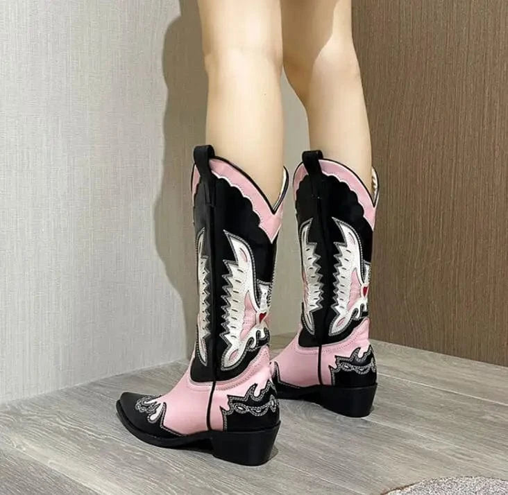 BUSY GIRL XY4780 Pink Boots For Ladies Stitching Embroidered Winter Short Fur 3cm Heels Women Cowgirl Western Cowboy Boots
