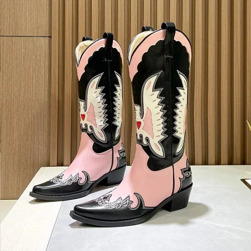 BUSY GIRL XY4780 Pink Boots For Ladies Stitching Embroidered Winter Short Fur 3cm Heels Women Cowgirl Western Cowboy Boots