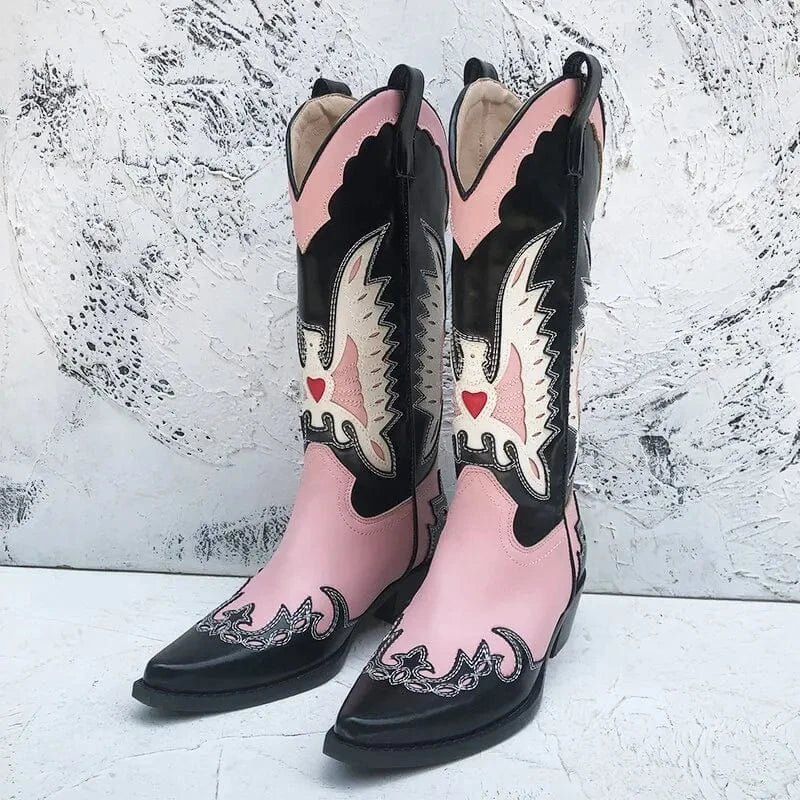 BUSY GIRL XY4780 Pink Boots For Ladies Stitching Embroidered Winter Short Fur 3cm Heels Women Cowgirl Western Cowboy Boots
