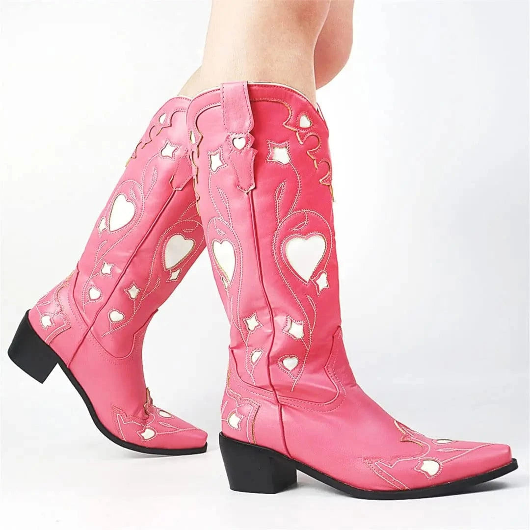 BUSY GIRL XY4819 Women's Cowboy Boots Vintage Cowgirl Mid Calf Boots Heart Shape Fashion New Shoes Western Boots