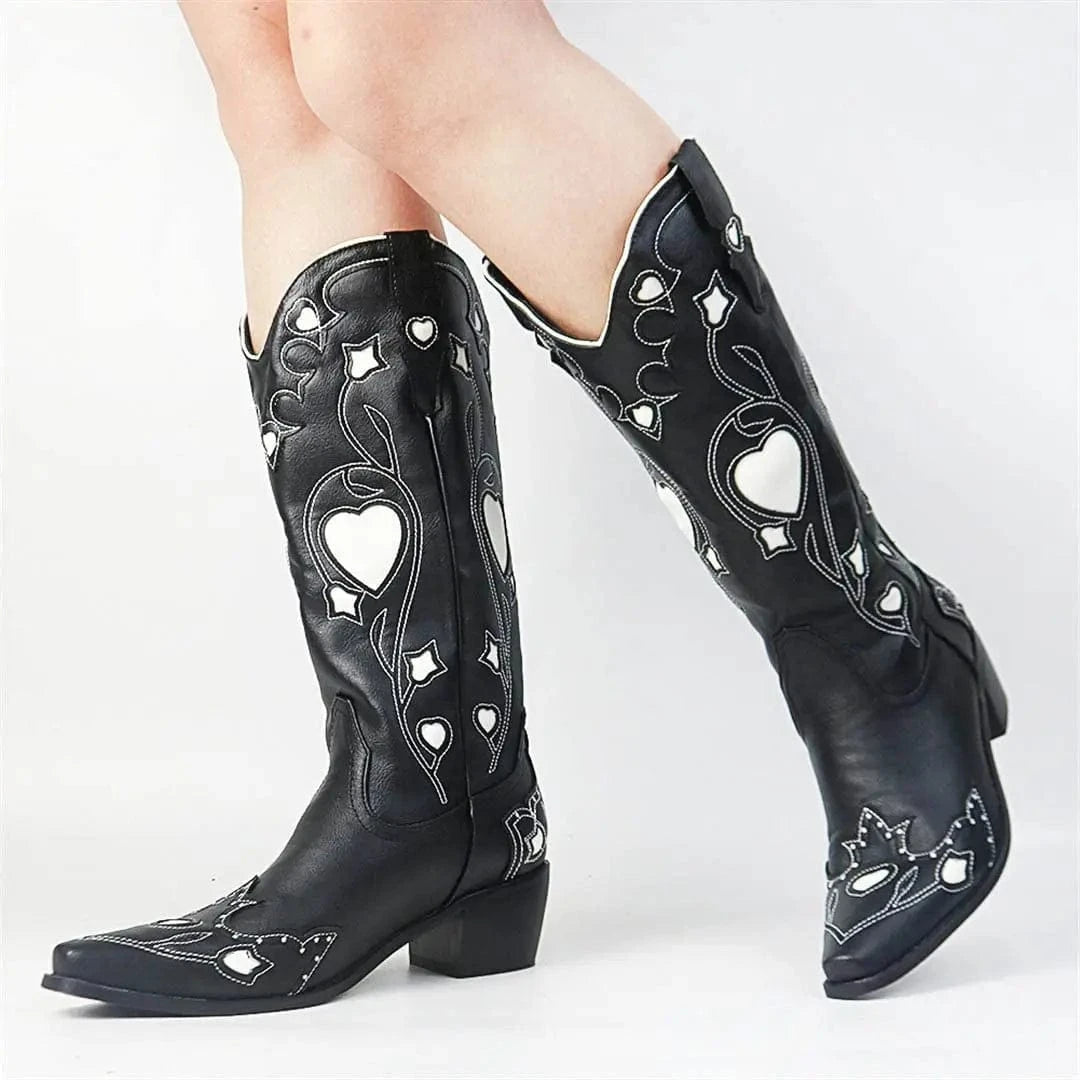 BUSY GIRL XY4819 Women's Cowboy Boots Vintage Cowgirl Mid Calf Boots Heart Shape Fashion New Shoes Western Boots
