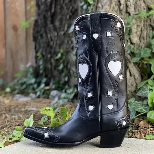 BUSY GIRL XY4819 Women's Cowboy Boots Vintage Cowgirl Mid Calf Boots Heart Shape Fashion New Shoes Western Boots