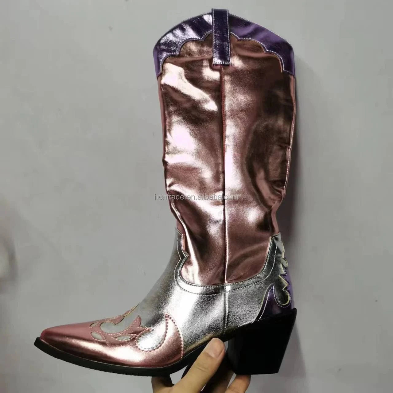 BUSY GIRL XY4842 Metallic Gold Tall Boots Women Shoes Autumn Winter 6cm Block Heels Knee High Booties Women Cowboy Boots