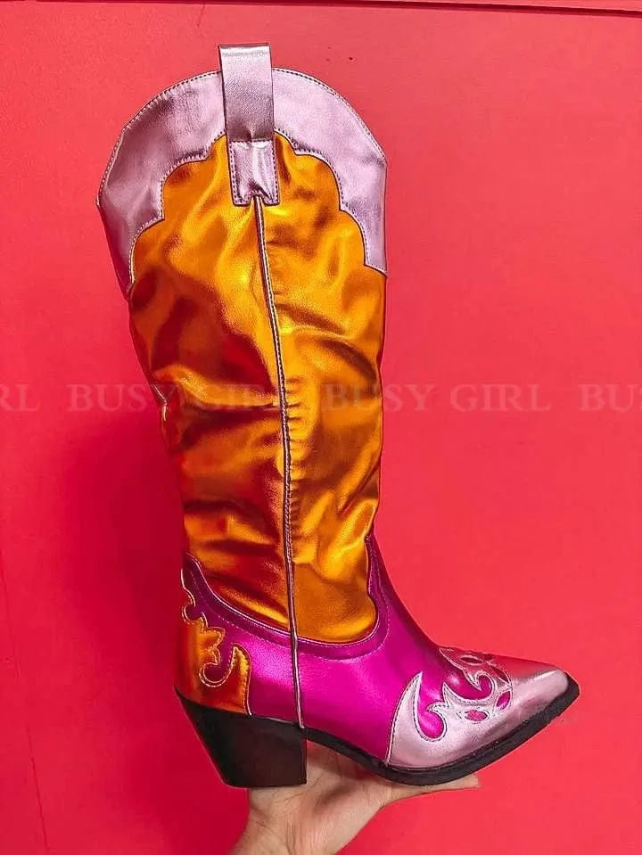 BUSY GIRL XY4842 Metallic Gold Tall Boots Women Shoes Autumn Winter 6cm Block Heels Knee High Booties Women Cowboy Boots