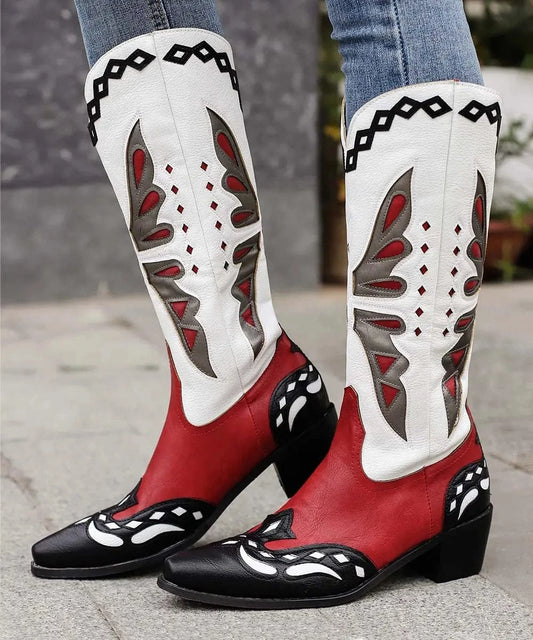 BUSY GIRL XY4929 Red stitching white leather women boots custom size 43 thick heels ladies cowboy boots ladies knee high boots