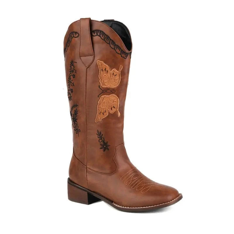 BUSY GIRL XYF4053 Cowboy Boots Chunky Mid Heels for Ladies Combat Women Shoes Fashion Retro Embroidery Butterfly Square Toe