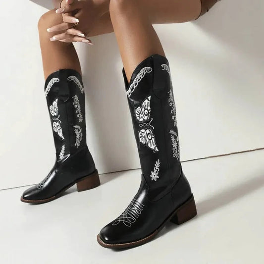 BUSY GIRL XYF4053 Cowboy Boots Chunky Mid Heels for Ladies Combat Women Shoes Fashion Retro Embroidery Butterfly Square Toe