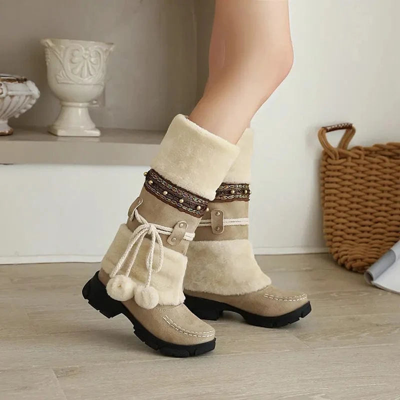 BUSY GIRL XYF42 fur knee high boots women shoes lace up plush flats low heels ladies 90s botas de mujer winter boots for women