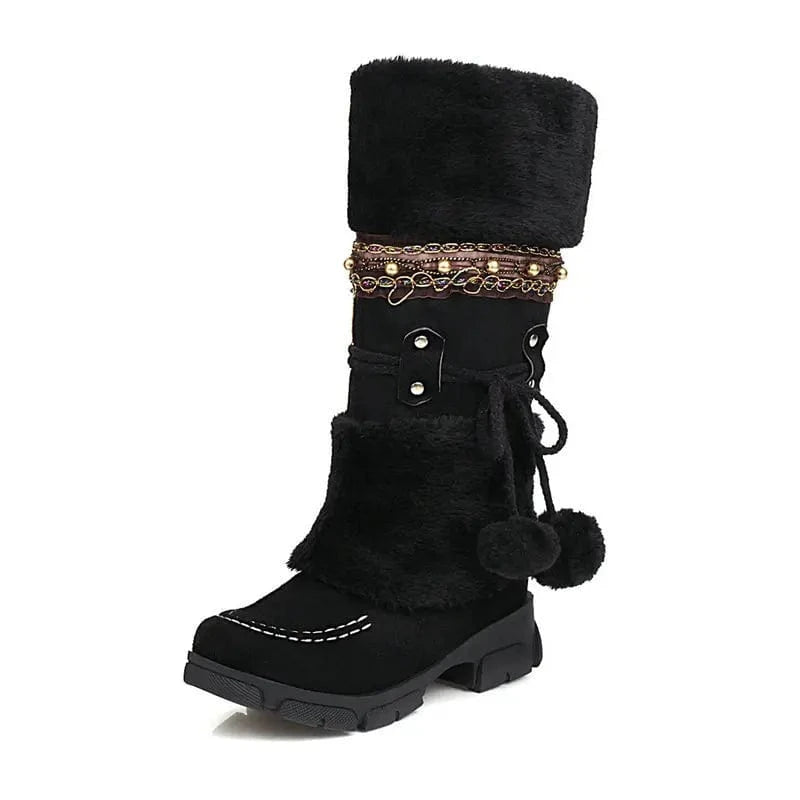 BUSY GIRL XYF42 fur knee high boots women shoes lace up plush flats low heels ladies 90s botas de mujer winter boots for women