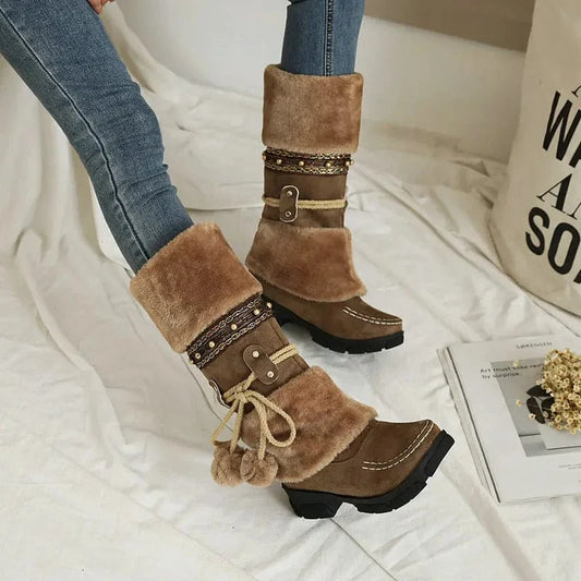 BUSY GIRL XYF42 fur knee high boots women shoes lace up plush flats low heels ladies 90s botas de mujer winter boots for women