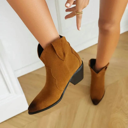 BUSY GIRL XYF4913 Women's short boots for women suede autumn winter retro ankle booties thick heels western cowboy boots