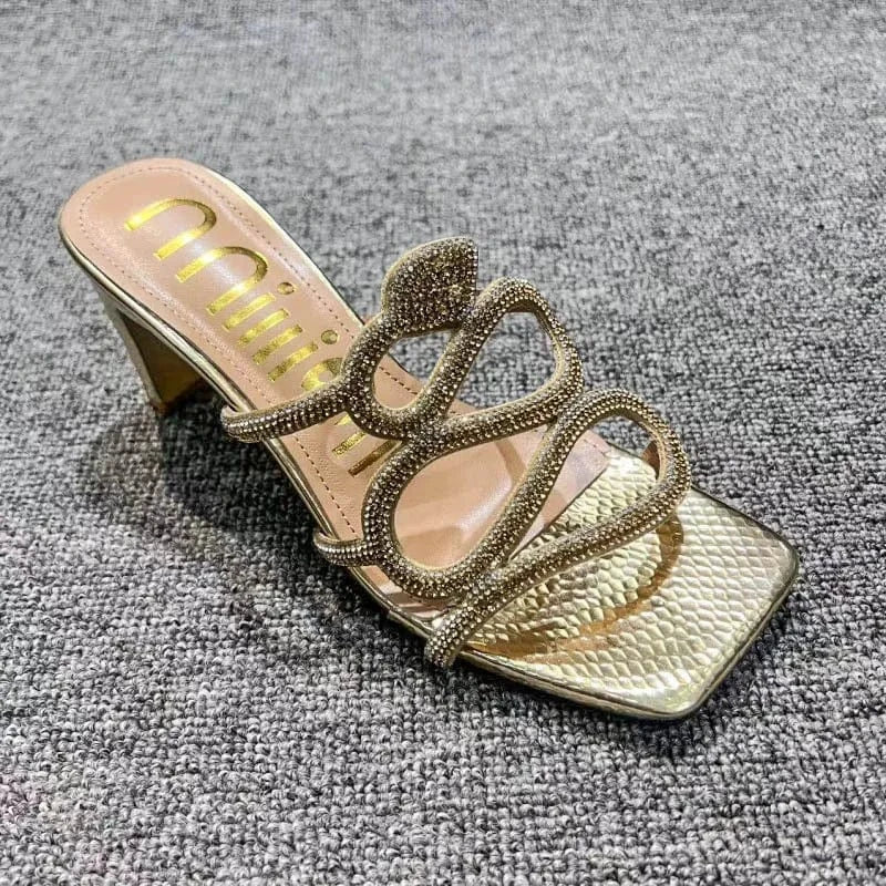 BUSY GIRL YF4114 Hot pink sliver gold rhinestone snake shaped decor women slippers high heels for ladies sandals women shoes