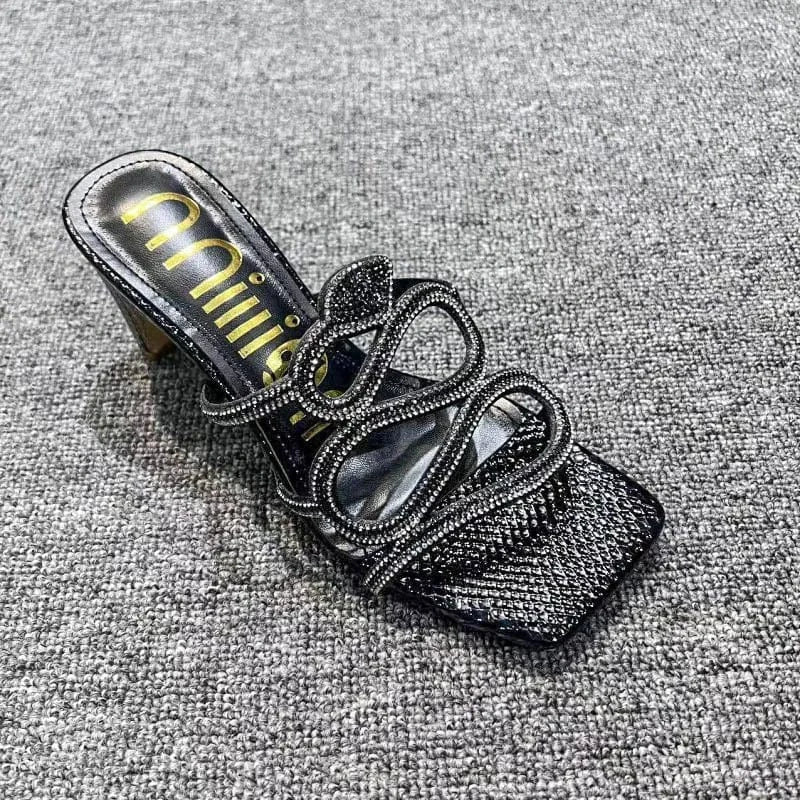 BUSY GIRL YF4114 Hot pink sliver gold rhinestone snake shaped decor women slippers high heels for ladies sandals women shoes