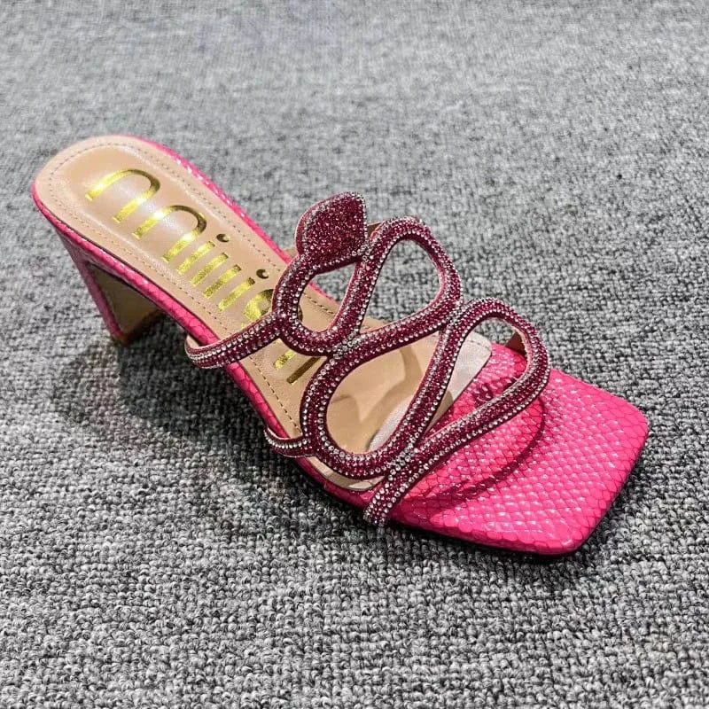 BUSY GIRL YF4114 Hot pink sliver gold rhinestone snake shaped decor women slippers high heels for ladies sandals women shoes