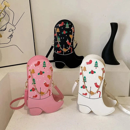 BUSY GIRL YX4986 Pink White Black Women Handbags Ladies PU Leather Cowboy Boots Purses and Handbags for Women Christmas Bags