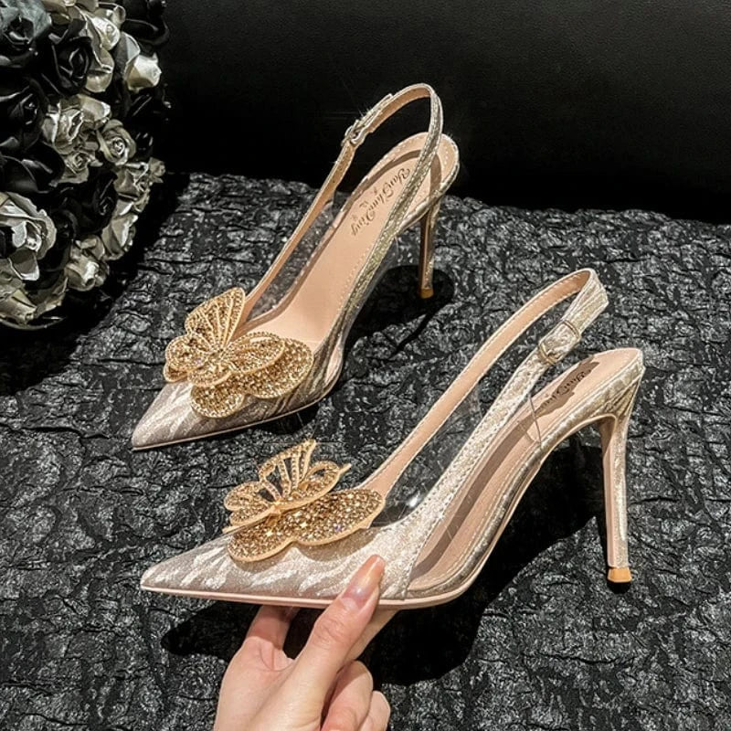 Butterfly Talon Pour Femm nouveau Slingback Sandals Rhinestone Sexy New Heels for Women