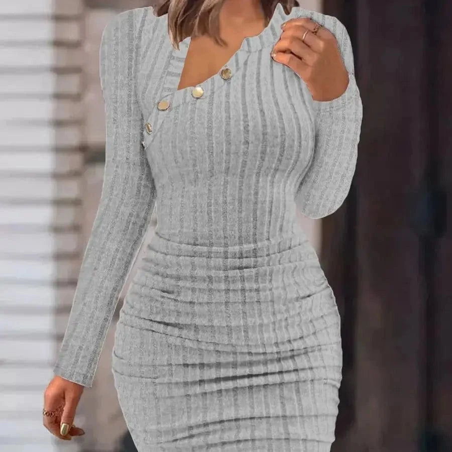 Button Crewneck Bodycon Dresses for Women Solid Color Ribbed Mini Wrap Dress Slim Fit Ruched Knitted Sweaters Dress