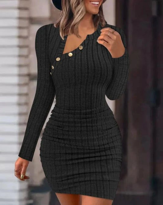 Button Crewneck Bodycon Dresses for Women Solid Color Ribbed Mini Wrap Dress Slim Fit Ruched Knitted Sweaters Dress