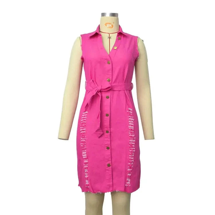 button down casual sleeveless plus size women lady sexy ripped denim jean dress