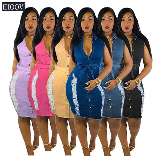button down casual sleeveless plus size women lady sexy ripped denim jean dress