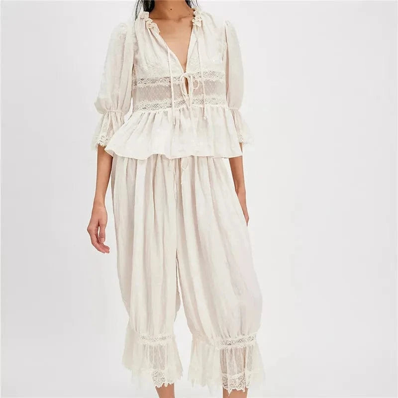 C / L hirigin Women Lace Trim 2 Piece Pajamas Sets Y2k Bow Tie Front Short Sleeve Shirts + Ruffle Flared Lantern Pants Loungewear