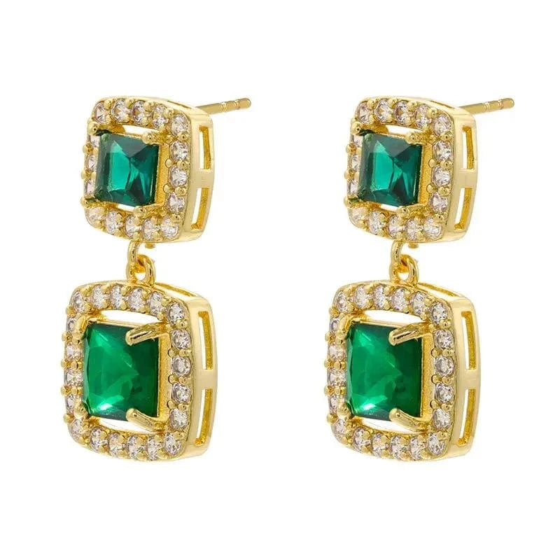 C Luxury Female Green Pink Zircon Crystal Stud Earrings Gold Plated Vintage Geometric Double Square Drop Earrings Women Jewelry