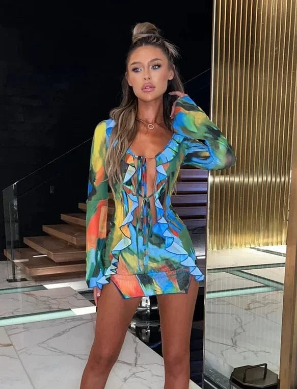 C / S Women Mini Dress Long Sleeve Lacing Tie-dye Print Patchwork Slit Bodycon Dress for Club Party