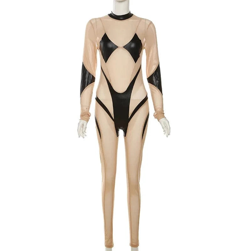 C0174 2024 new mesh and PU leather Patchwork sexy long fitting women's jumpsuit