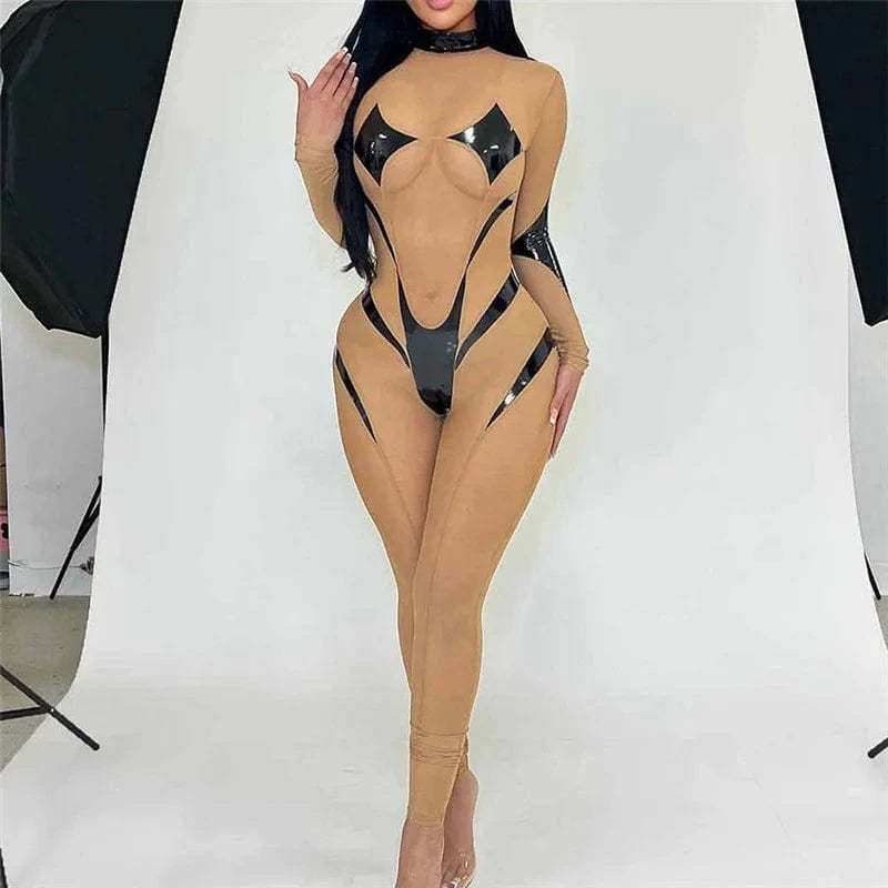 C0174 2024 new mesh and PU leather Patchwork sexy long fitting women's jumpsuit