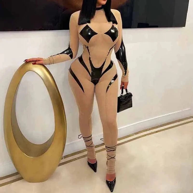 C0174 2024 new mesh and PU leather Patchwork sexy long fitting women's jumpsuit