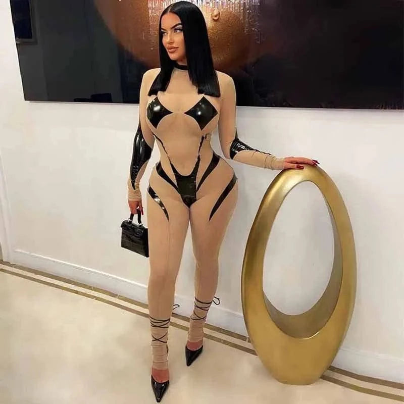 C0174 2024 new mesh and PU leather Patchwork sexy long fitting women's jumpsuit